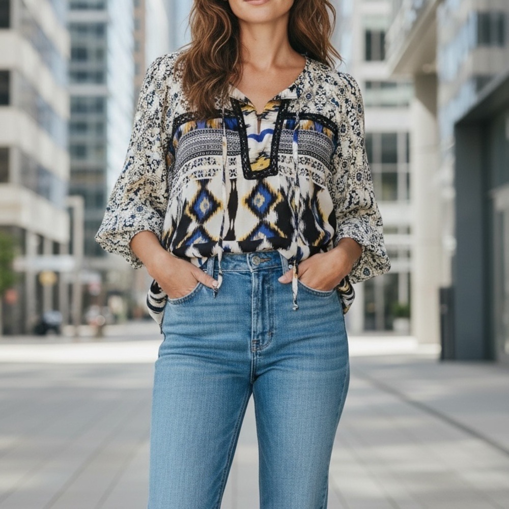 Fig and Flower Geometric Blue and Black Top